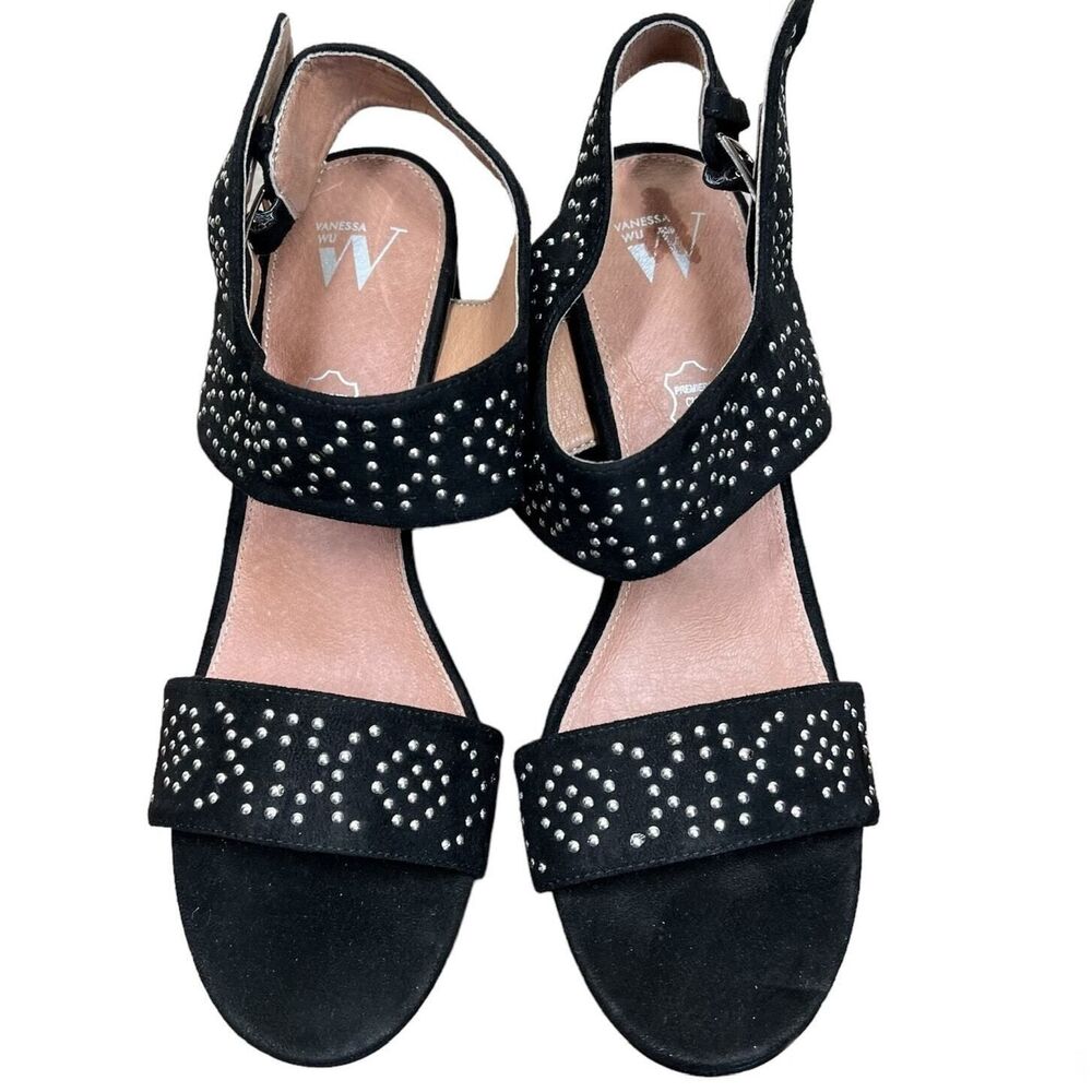 Vanessa Wu black suede sandals silver beaded embellishments size 41/ US 10.5